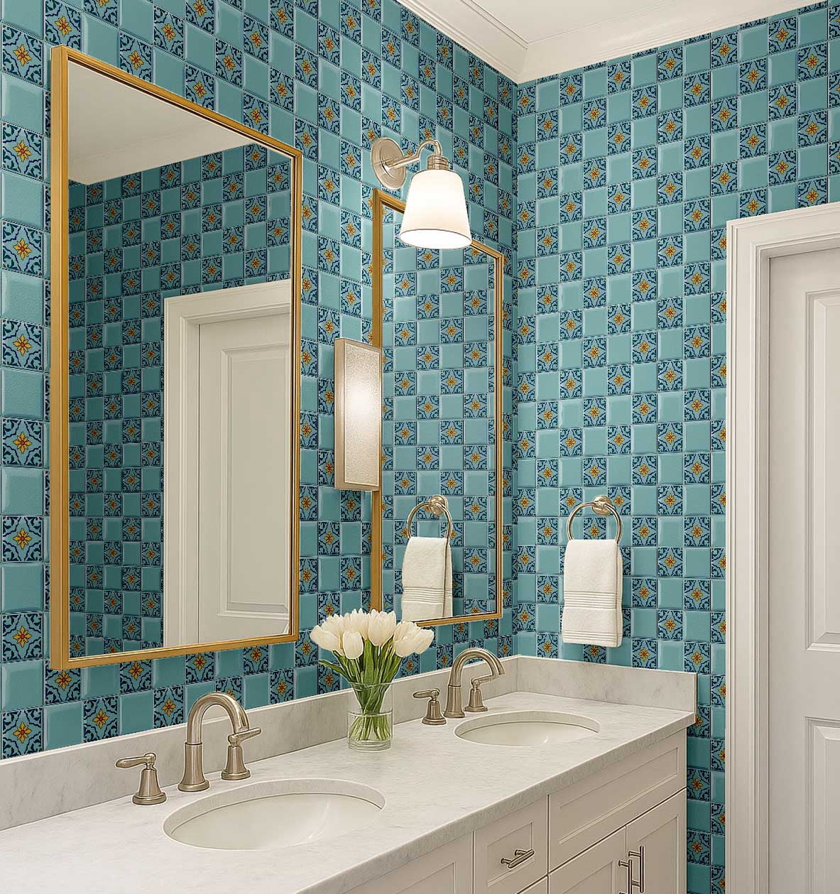 S4Sassy Mosaic Tile Wallpaper - Turquoise Wall Covering, 25" X 60" Self-Adhesive Textured Vinyl Wall Paper, Walls Wrap, Botanical Removable Wallpaper For Bedroom, Nursery, Study