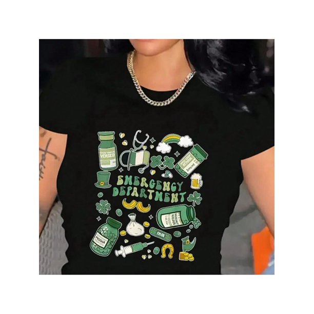 St Patrick'S Day Bottles Pattern Print Women Plus Size T-Shirt Stylish Crew Neck Women'S Casual Round Neck Short Sleeve 220g