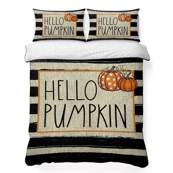 Hello Pumpkin 3 Piece Quilt Bedding Set with 2 Pillow Shams, Thanksgiving Fall Lightweight Bedspread Coverlet, Soft Breathable All Season Quilt, 79 x 90 Inch