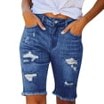 thumbnail image 2 of Ovticza Women's Ripped Mid-Rise Denim Bermuda Shorts Frayed Raw Hem Stretch Jean Shorts Blue XL, 2 of 6