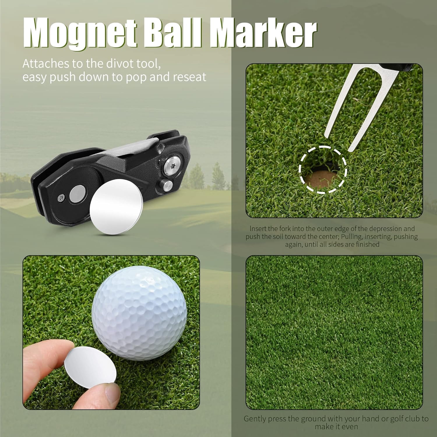 Golf Divot Repair Tool w Magnetic Golf Ball Marker | All Metal Foldable Divot Tool w Pop-up Button | Golf Accessories for Men