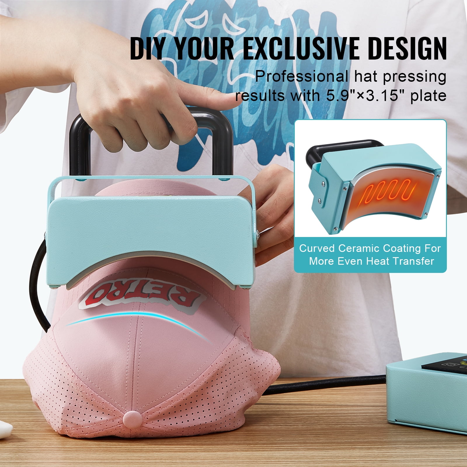 SKYSHALO Cap Press Device, Compact Cap Heating Tool with Built-in Controls, Features 5.9x3.15 inch Curved Heat Plate, Stable Stand & Glove, Auto Power-Off, Green
