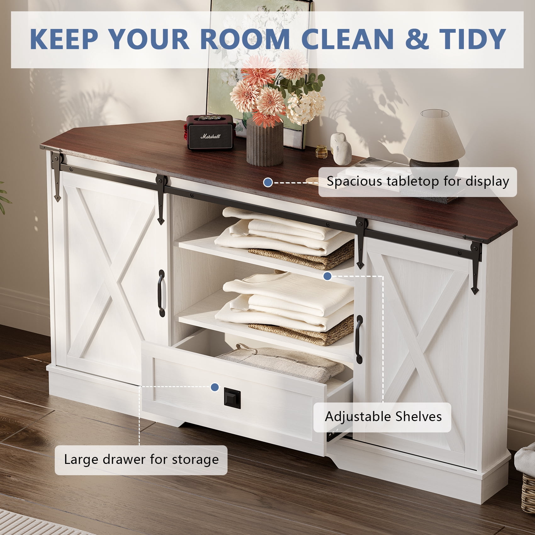 Melidee Corner TV Stand for 65 Inch TV, Sliding Barn Door Entertainment Center with Storage, 58" W x 15.7" D x 31" H, White