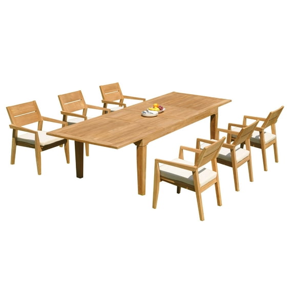 Grade-A Teak Dining Set: 6 Seater 7 Pc: 122" Caranas Rectangle Table And 6 Vellore Stacking Arm Chairs Outdoor Patio WholesaleTeak #51VL2907