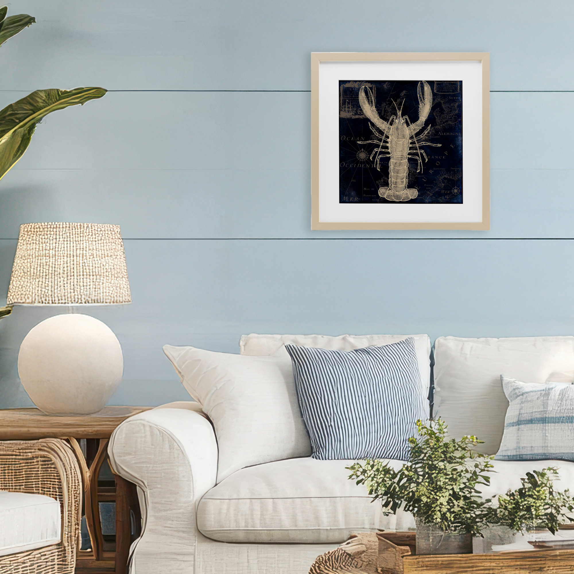 Lobster Contour over Map Birch Framed Print Under Glass, design by Sasha