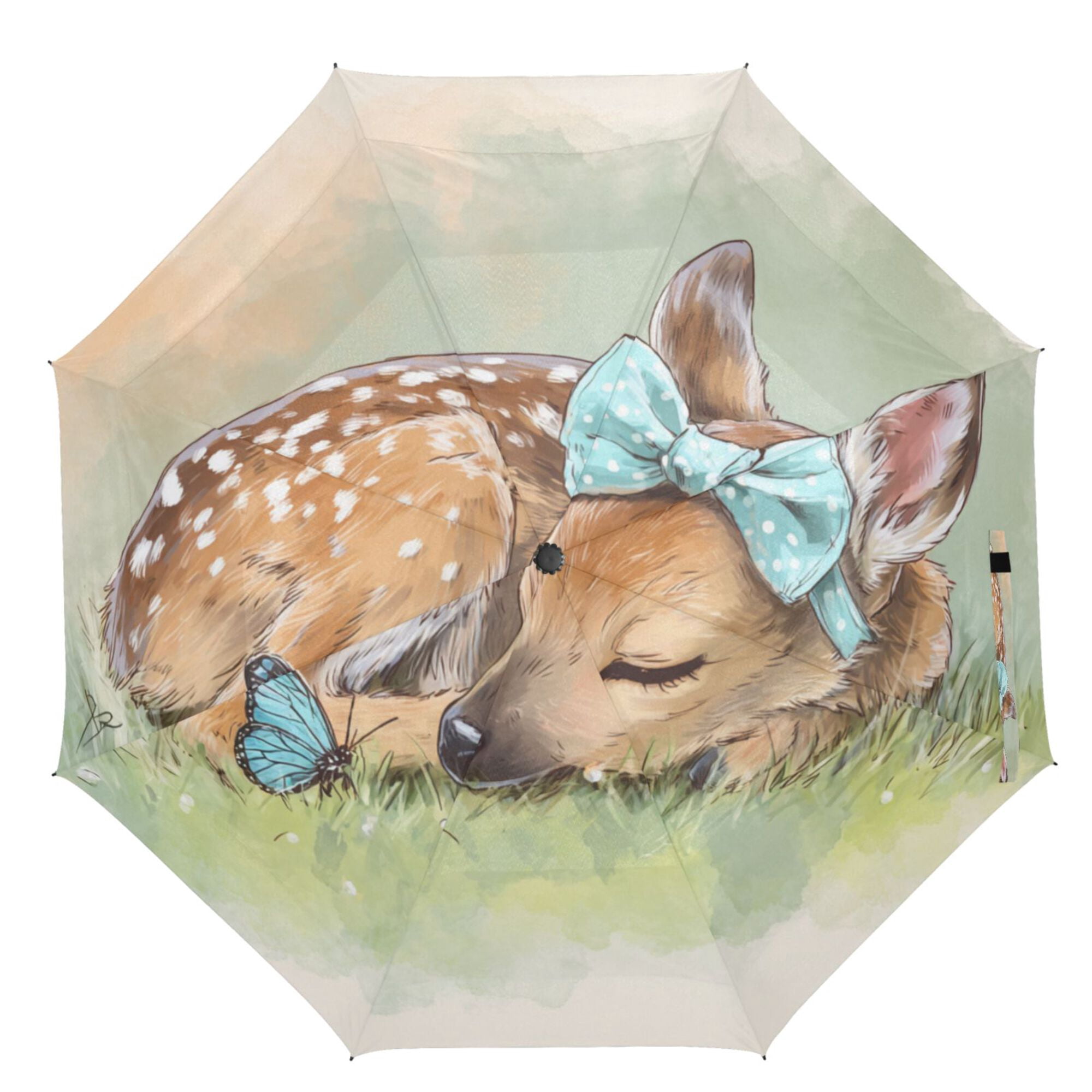21" Inch Auto Open Close Folding Umbrella Windproof Waterproof Full Print 8-Rib Compact Travel Umbrella for Rainy Days Sleeping Cute Baby Deer