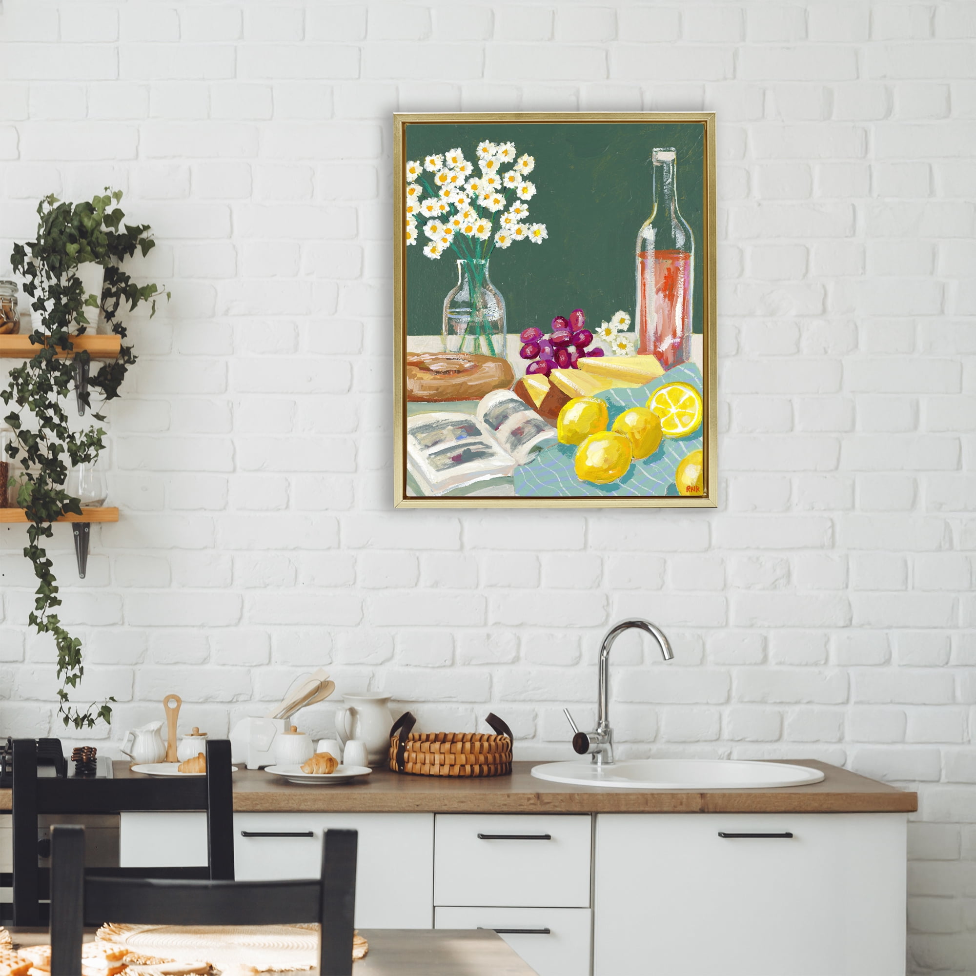 Stupell Industries Cheese, Wine and Lemon Still Life Gold Framed Floater Canvas Wall Art, design by Rachael Reese