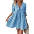 thumbnail image 3 of Womens Summer Casual Short Sleeve Dresses A Line Bow-Knot Tie Front Babydoll Loose Cute Mini Dress Blue XL, 3 of 10