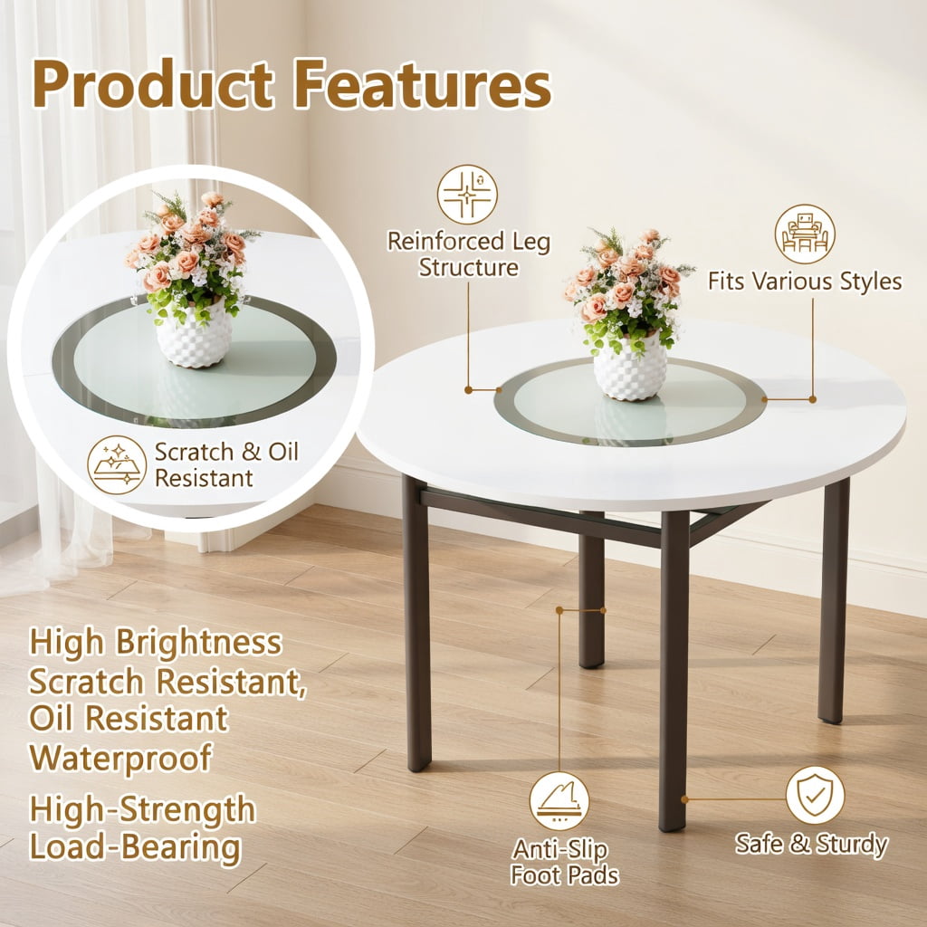 Hommoo 42 Inch Round Dining Table, Modern MDF Top with Gray Tempered Glass Inlay & Metal Base, 4-6 Person Minimalist Table for Dining Room, Kitchen, or Office, White & Black