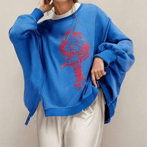 LEKDFST Lobster Graphic Sweatshirts for Women Oversized Y2k Crewneck Long Sleeve Drop Shoulder Shirts Top Side Slit Vintage Jacket Sweater Blue L