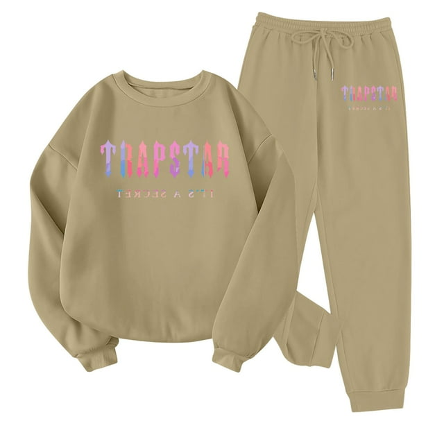 Trapstar Chandails en Molleton à Col Rond pour Femmes Ensembles Manches Longues Graphiques Chandails en Molleton Amples Trapstar Street Hip-hop Chandail Chandails en Molleton+pantalons de Survêtement Ensemble de 2 Vêtements Classiques pour Femmes (Kaki, TG)
