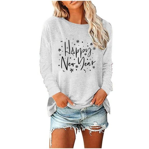 Sexlip Womens Christmas T Shirt Loose Long Sleeve Printed Shirt Fashion Cozy Xmas Party Tops Casual Crew Neck Solid Blouse White XXL