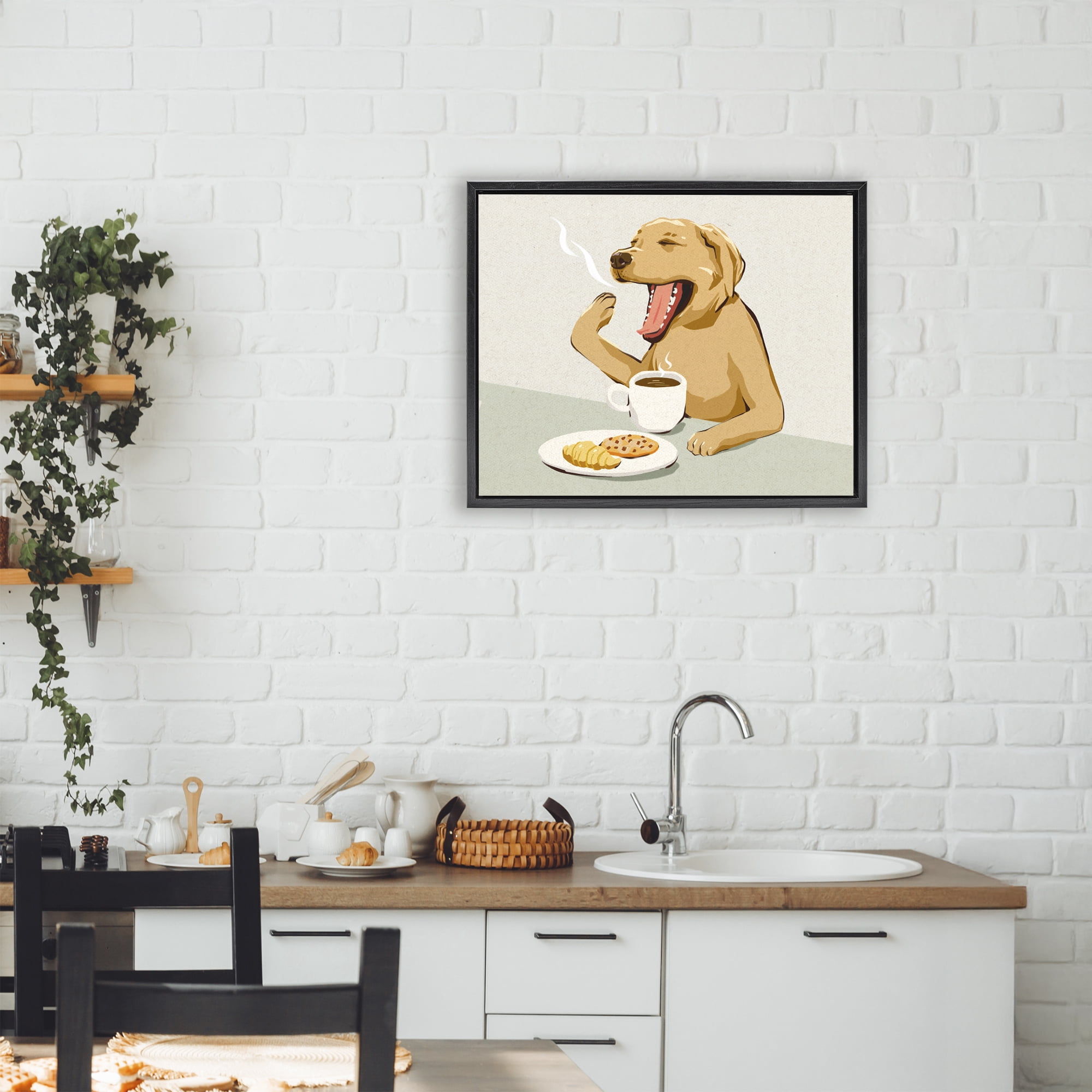 Stupell Industries Yawning Dog with Morning Coffee Black Framed Floater Canvas Wall Art, design by Ziwei Li