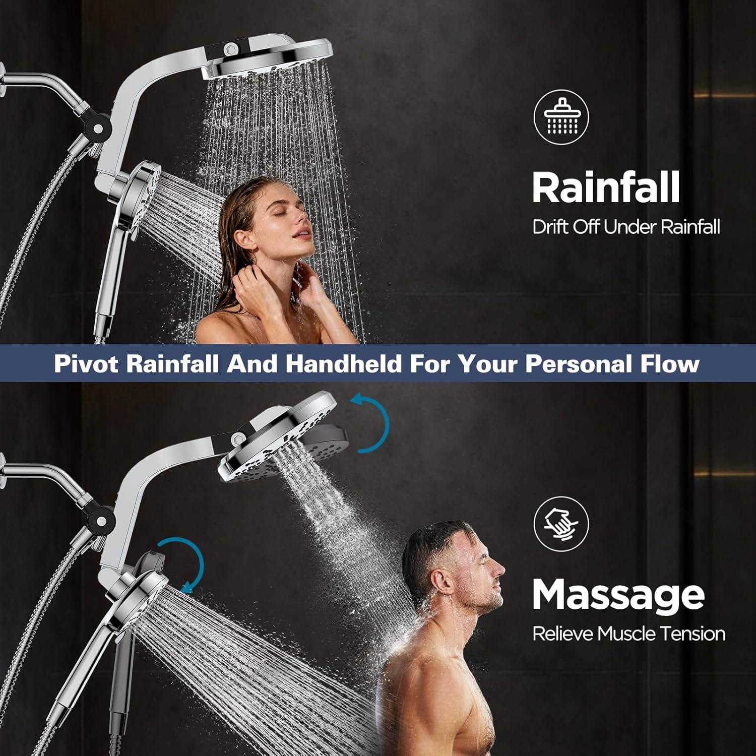 High Pressure Rain Showerhead Combo, Magnetic Shower Head Set with Detachable Handheld Shower Spray, Adjustable Angle Dual Showerhead System with Built-in Magnetic Docking and Power Jets