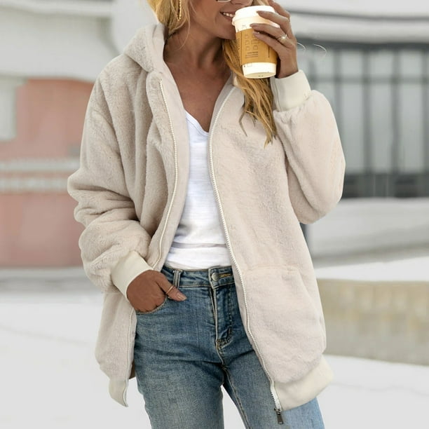 Gibobby Abrigos de mujer Abrigo de Lana de Peluche para Mujer Chaqueta con Capucha para otono e Invierno Sudaderas con Capucha mullidas de Felpa calidas Sueltas Beige XG Walmart en linea