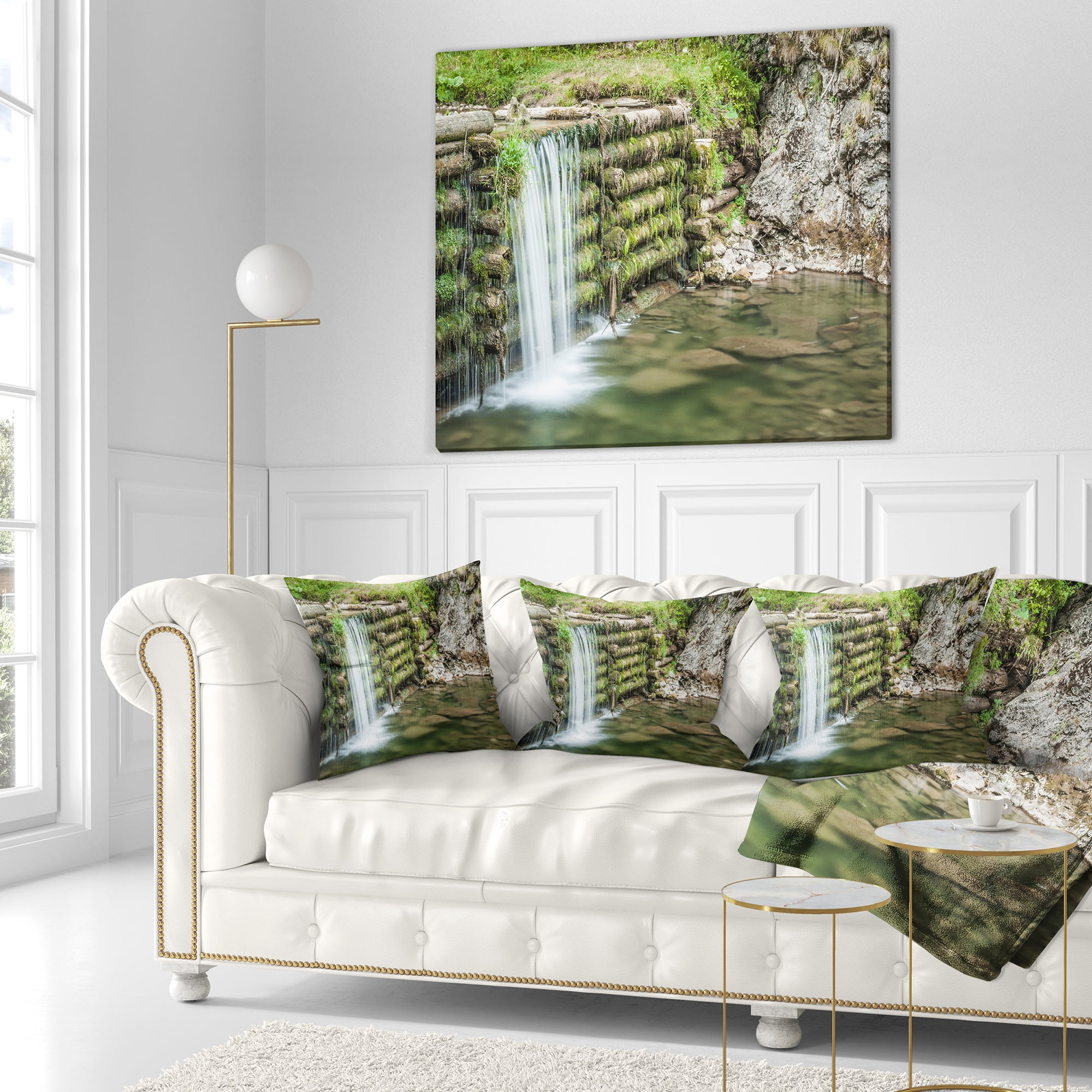 Designart Fabulous Man made Waterfall - Landscape Printed Throw Pillow - 16x16