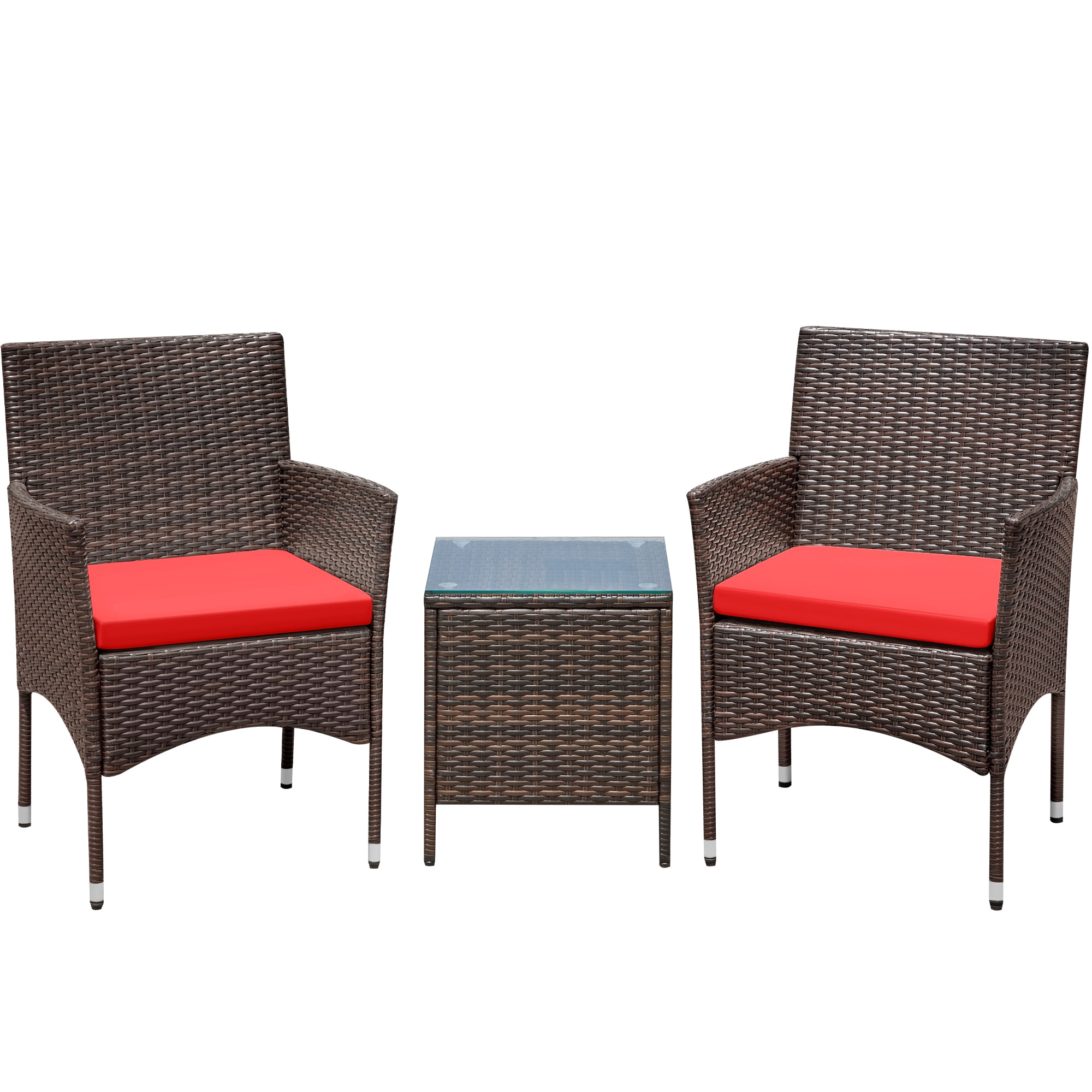 Lacoo 3 Pieces Outdoor Patio Furniture Gray PE Rattan Wicker Table and Chairs Sets Bar Set with Cushioned Tempered Glass , Brown / Red