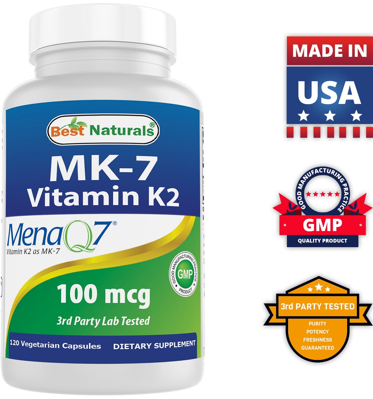 3 Pack Best Naturals MK-7 Vitamin K2 100 mcg 120 Vegetarian Capsules