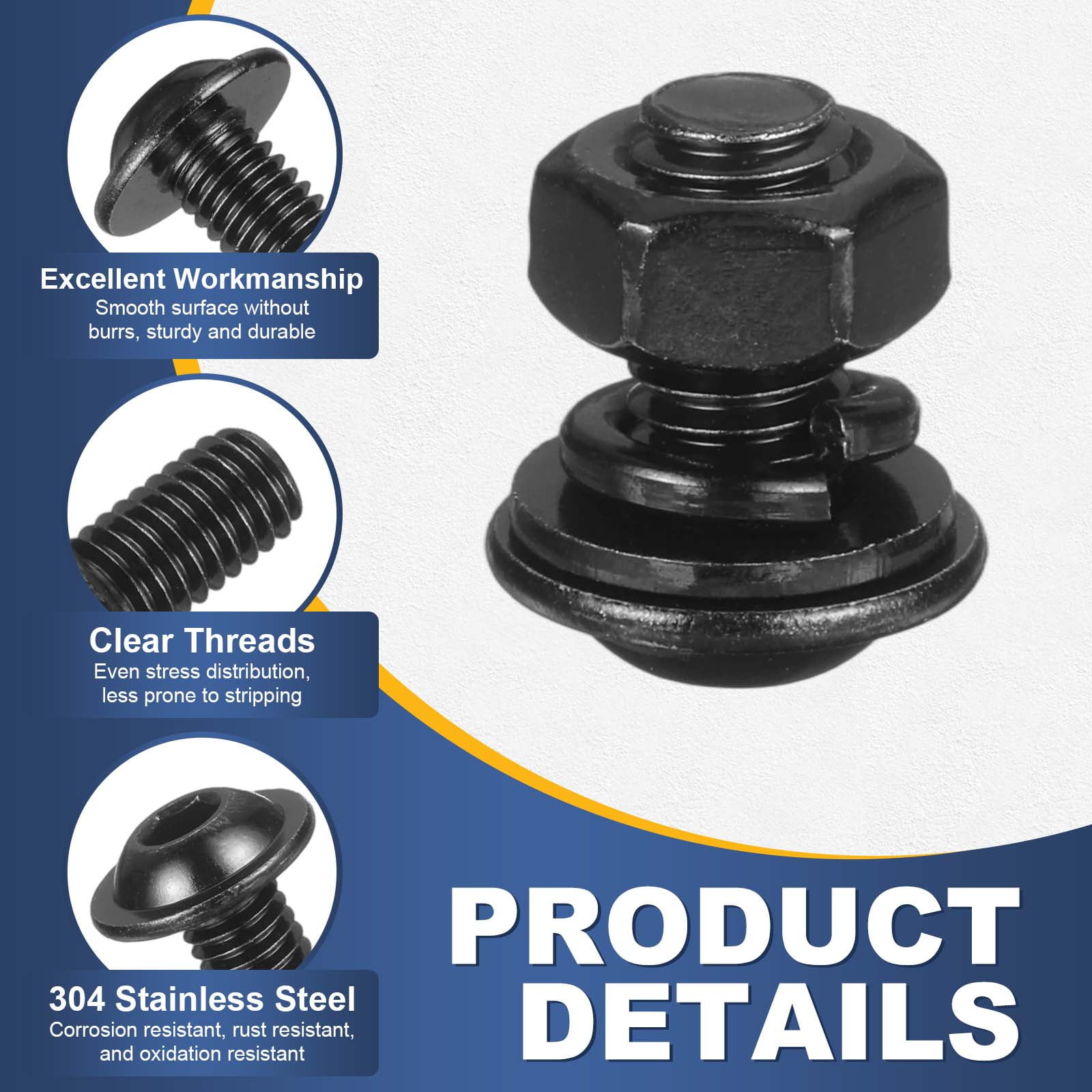 20 Set M6 x 45mm Flanged Button Head Socket Cap Screws, Black 304 Stainless Steel 18-8 Hex Socket Head Screws Bolts, Nuts, Flat & Lock Washers for DIY, Furniture, Automotive