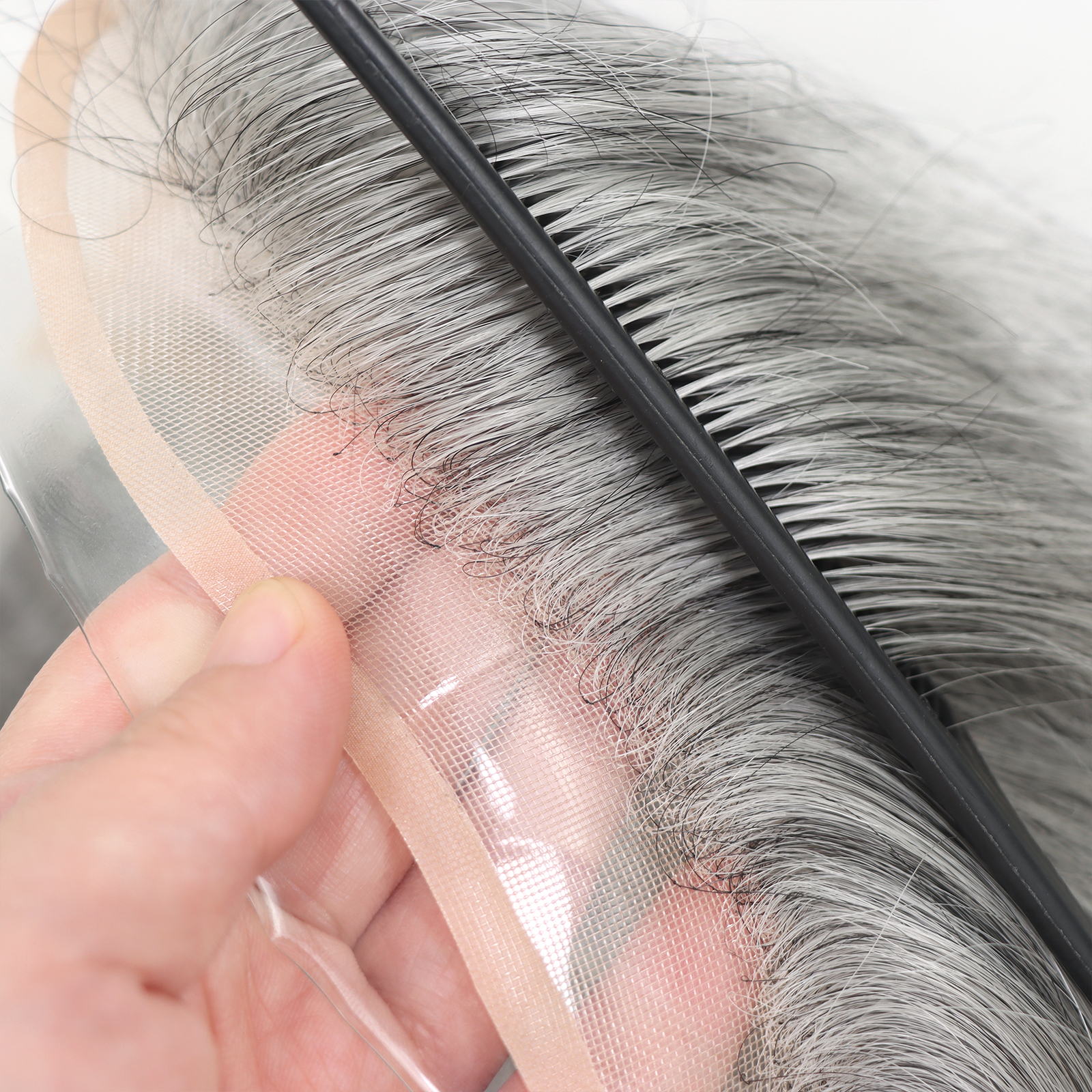 Toupee Men Mono Top with PU around and French Lace in Front Mens Toupee 20% 1B Black Color Mixed 80% Grey Hair Replacement System for Men