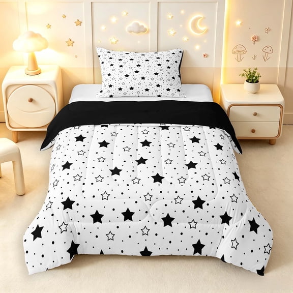 Manfei Modern Stars Twin Comforter Sets,Kawaii Cartoon Theme Bedding Set,Black White,Black Reversible,2 Pieces,1 Comforter and 1 Pillowcase