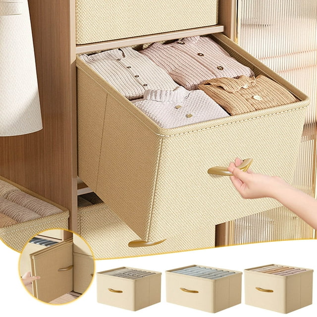Caja de almacenamiento plegable con asas de madera • Organizador de ropa de tela • Cesta de almacenamiento de armario de gran capacidad • Tela no tejida