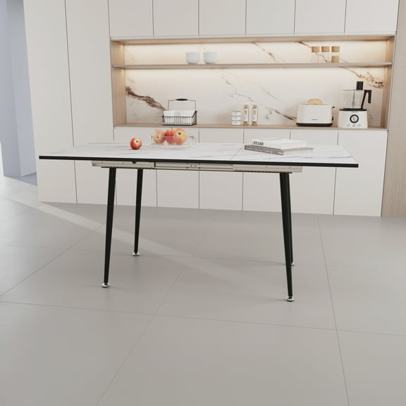 Pinovk 47" expandable to 63" inch MDF square white marble patterned dining table, modern industrial kitchen and dining table, equipped with tapered black metal legs