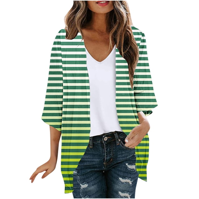 AherBiu Womens Cardigans Lightweight 3/4 Sleeve Striped Open Front Cardigans Fall Trendy Casual Outerwear