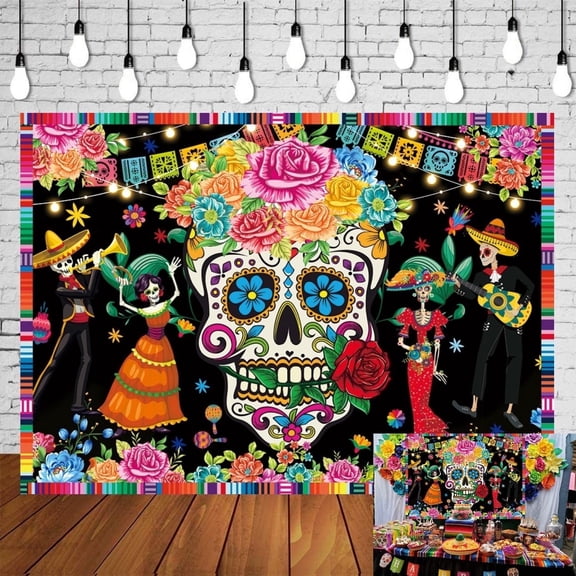 7x5FT Mexican Skull Flowers Día de Muertos Background for Photography Mexican Fiesta Themed Party Decoration Supplies Day of The Dead Backdrop Vinyl