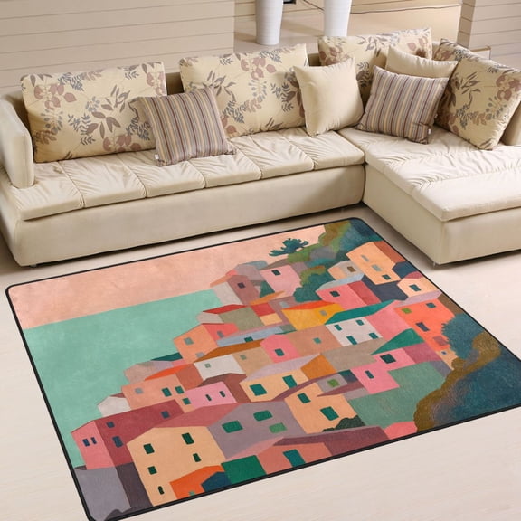 Yayeee Area Rugs for Living Room 5.2'x4' Non Slip Washable Bedroom Floor Carpet, Cityscape Painting