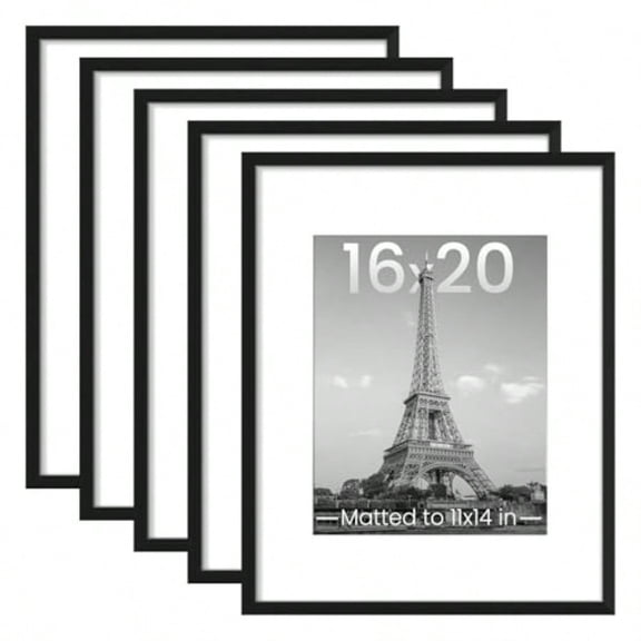 16x20 Picture Frame Set of 5 Display Pictures 11x14 with Mat or 16 x 20 Without Wall Gallery Poster Frames Black
