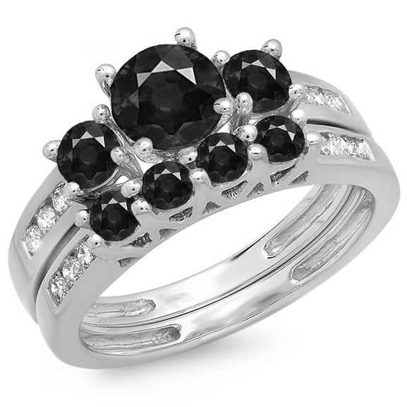 Dazzlingrock Collection 1.80 Carat (ctw) 14K Black & White Diamond Bridal 3 Stone Engagement Ring Set, White Gold, Size 8