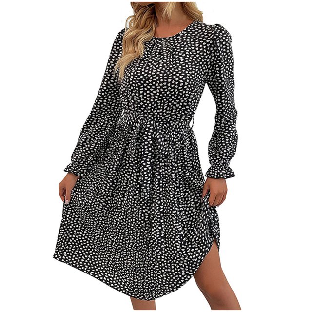 Funicet Robes d'Été pour Femmes, Robe à Manches Longues pour Femmes, Robe à Imprimé Léopard Mode à Nouer Manches Longues Col Rond Plissé, Robe à Manches Longues, Robes d'Été pour Femmes