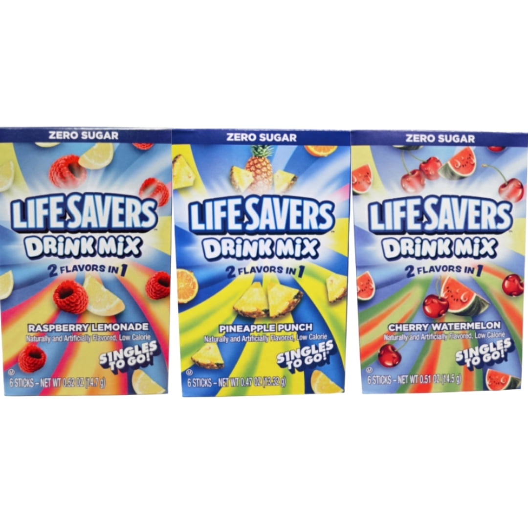 (4 pack) Life Savers Raspberry Lemonade, Pineapple Punch, and Cherry Watermelon Drink Mix Sticks Zero Sugar