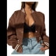 thumbnail image 1 of Chaqueta de Corta con Botones y Larga con Cuello Alto para Mujer, Estilo Motero Informal, para Otoño. Marrón Oscuro XXL, 1 of 5