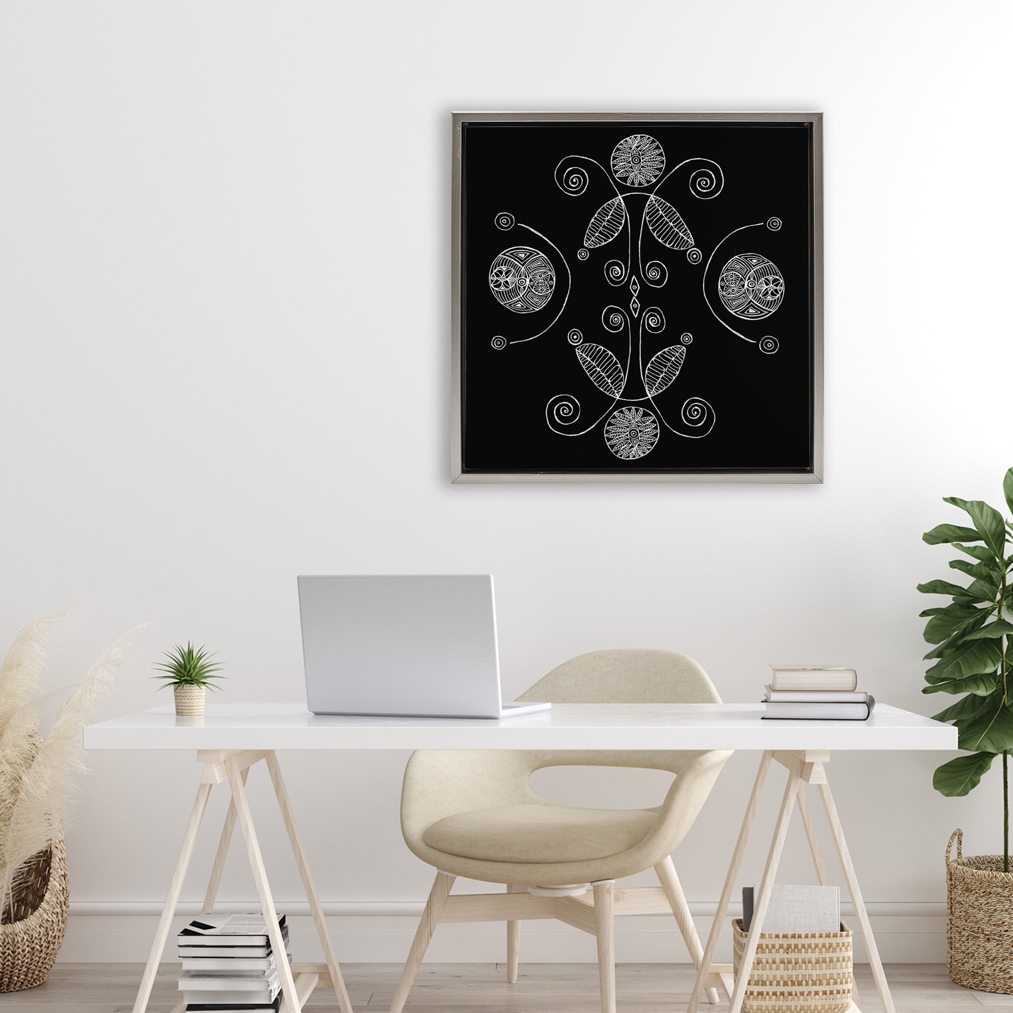 Stupell Industries Curved Fractals & Leaves Gray Framed Floater Canvas Wall Art, design by El Perkin