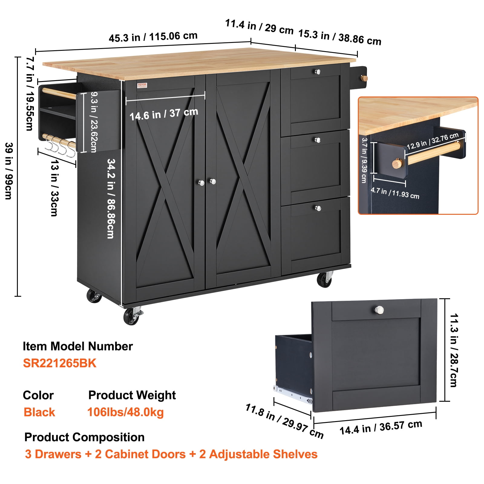 VEVOR Kitchen Island Cart, 56" Wood Top Mobile Carts with Storage Cabinet, Rolling Table with Drop Leaf, Spice Rack, Towel Bar, Adjustable Shelf, Drawer, and Hooks, Portable Islands on Wheels, Black