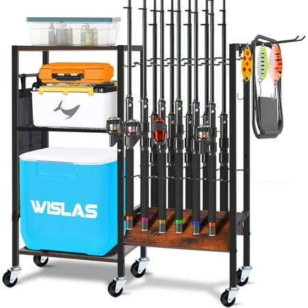 Fishing Rod Holders for Garage Fishing Pole Holders with Wheels for 12-Rods Fishing Rod Rack with 3 Tier Storage Organizer Fishing Gear Equipment Organizer Cart Fishing Gifts for Men Dad