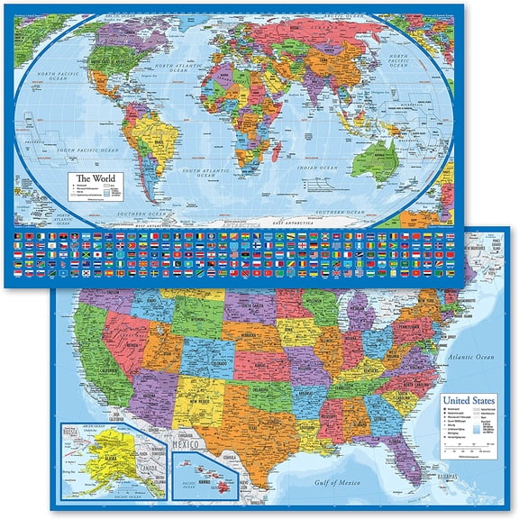 2 Pack - Laminated World Map Poster & USA Map Set - Equal Earth world map design shows continents at true relative size - US Map 18” x 29”