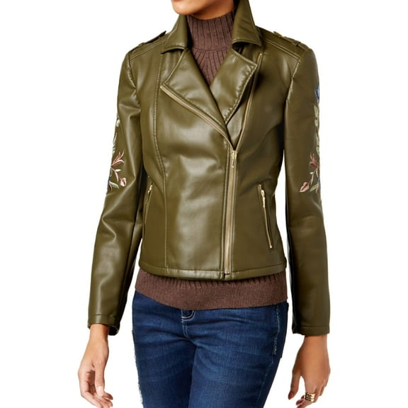 I.N.C Womens Embroidered Motorcycle Jacket, Green, X-Small