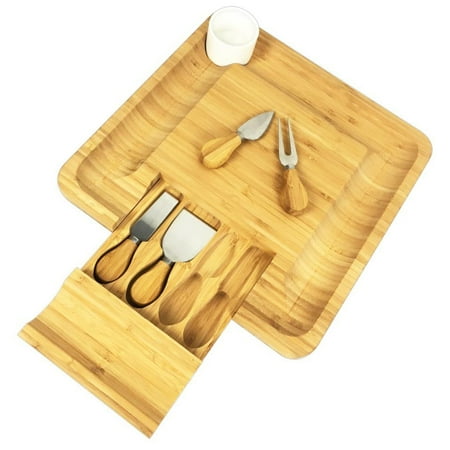 Gold Natural Wood Cheese Board - Nutrichef Natural Bamboo Cheese Board & Cutlery Set with Drawer Compartment