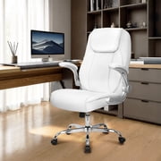 NEO CHAIR Executive Office Chair, Ergonomic High back Cushioned, Wide White Leather Seat 8 Hours Heavy Duty Design, Flip Up Armrest Computer Desk Chair, White