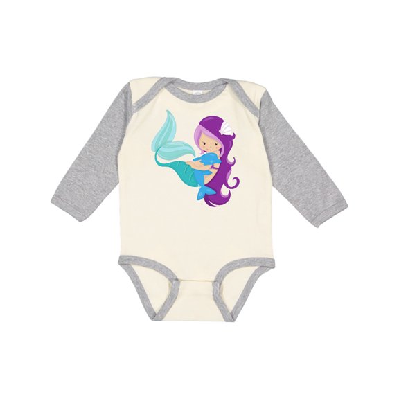 Inktastic Mermaid And Dolphin, Mermaid With Purple Hair Girls Long Sleeve Baby Bodysuit