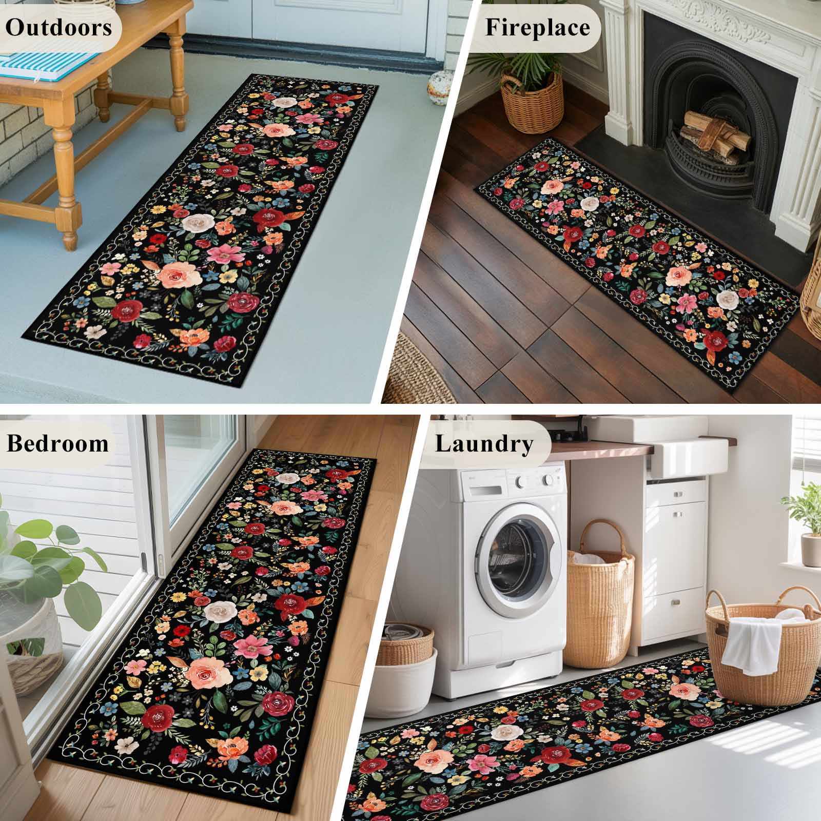 Watercolor Flowers 2'x6' Runner Rugs for Hallway Kitchen Bedside Non Slip Washable, Farmhouse Floral Vintage Black Entryway Rug Runners with Rubber Backing, Long Carpet Runner for Laundry Room