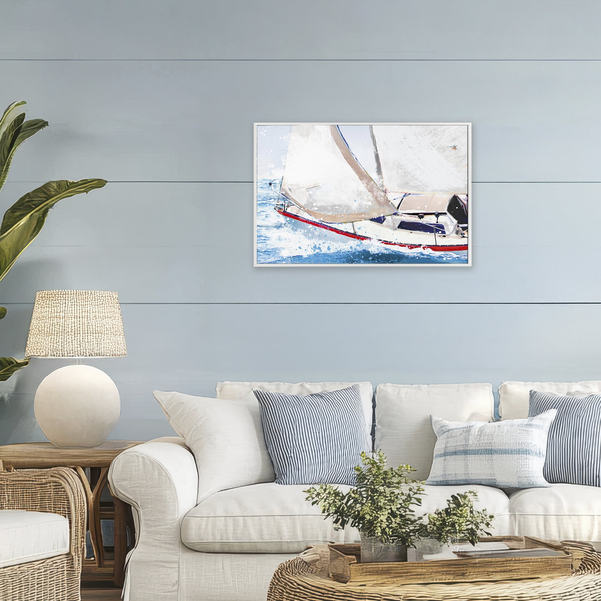 Stupell Industries Sailboat Racing Through Blue Waves White Framed Giclee Art, design by Porter Hastings