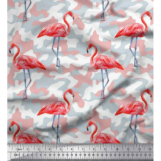 Soimoi Rayon Fabric Camouflage Texture & Flamingo Bird Print Fabric by The Yard 42 Inch Wide