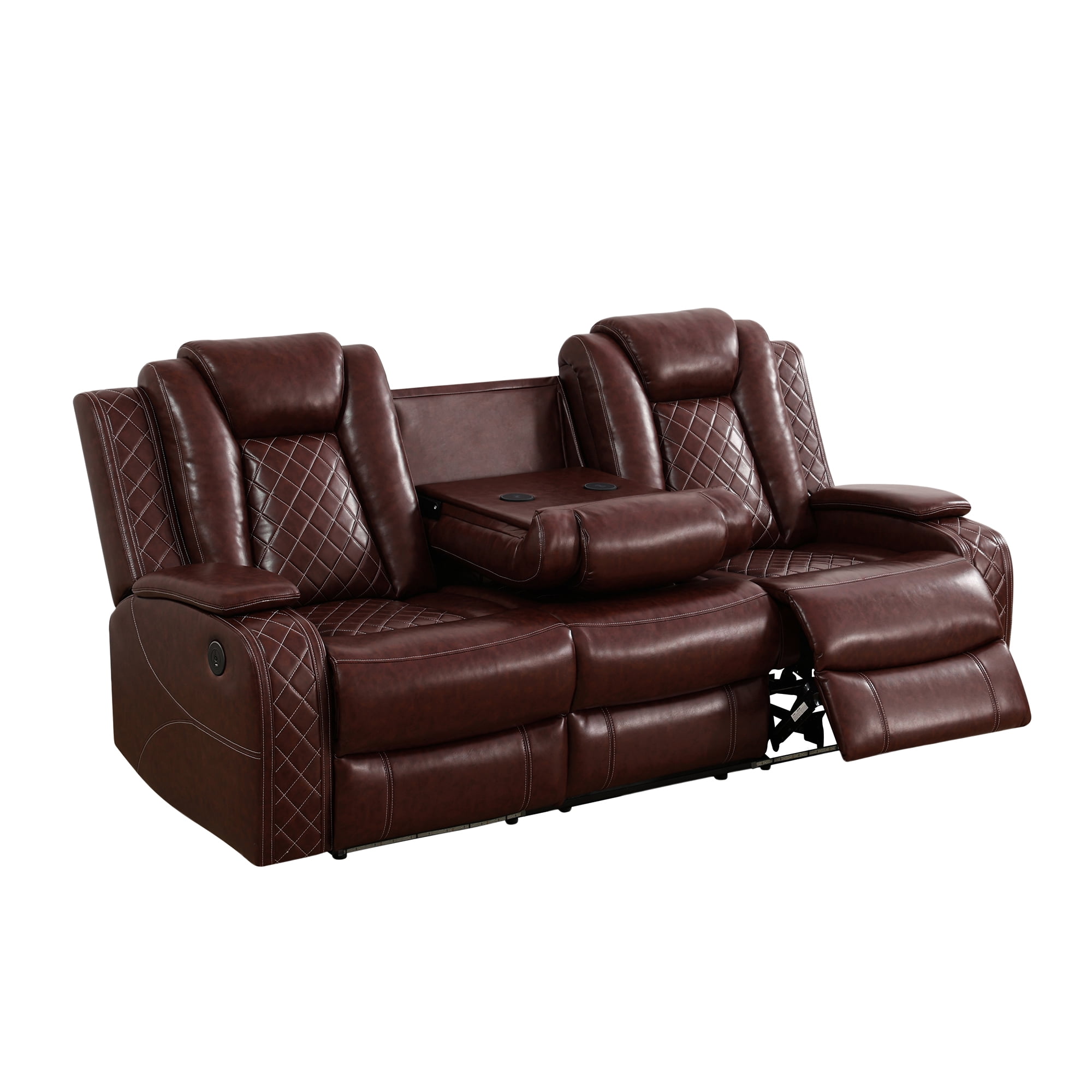 Gewnee Power Reclining Multifunctional Sofa with USB & Wireless Charging, Air Leather, Storage Console, Living Room,Reddish brown