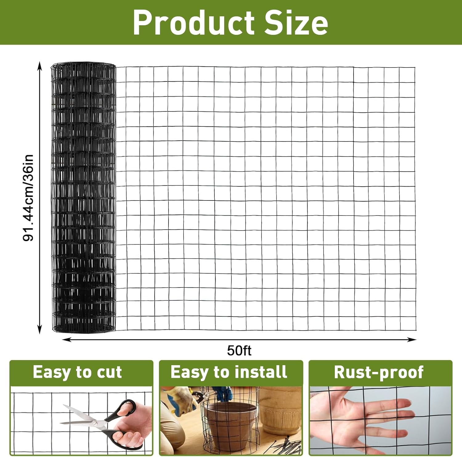Wire Fence, 36 in x 50 ft PVC Coated Welded Wire Fence, 16GA Garden Border Vinyl Metal Chicken Wire Fencing Mesh Roll for Chicken Poultry Coop, Animal, Fencing, Garden Protection