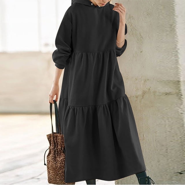 FcBaudy Robe à Capuche, Robes de Printemps pour Femmes, Robes pour Femmes Robe à Capuche pour Femme Col Uni Manches Longues Robe Ample Longue Robe avec Poches Robe pour Femme