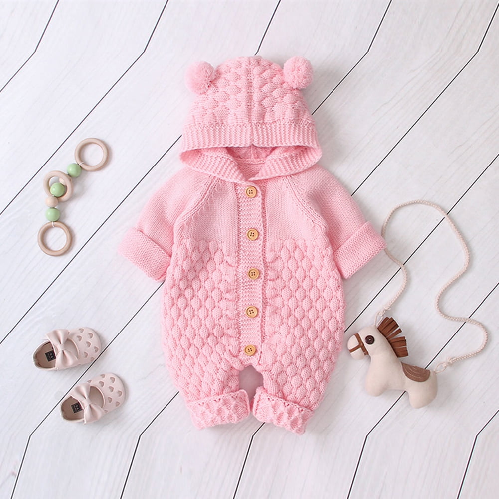 IBTOM CASTLE Unisex Baby Boy Girl Cute 3D Bear Ears Hooded Knitted Sweater Long Sleeve Romper Overall Sleepwear Winter Warm Clothes 6-12 Months Pink